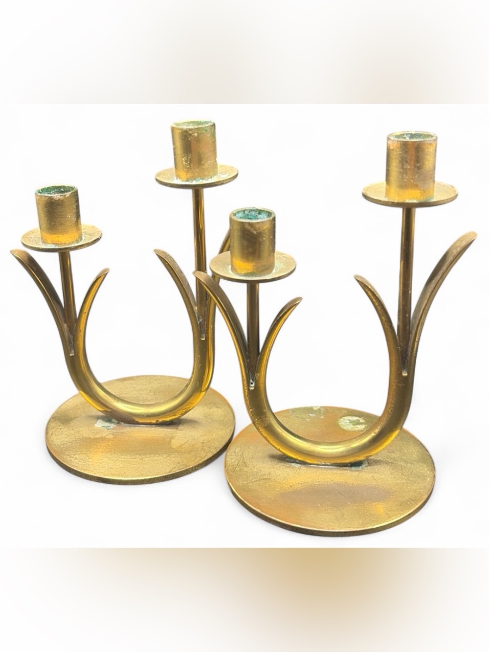 Ibe Konst Ystad Vintage Swedish MCM Mid Century Brass Tulip Candlesticks Pair